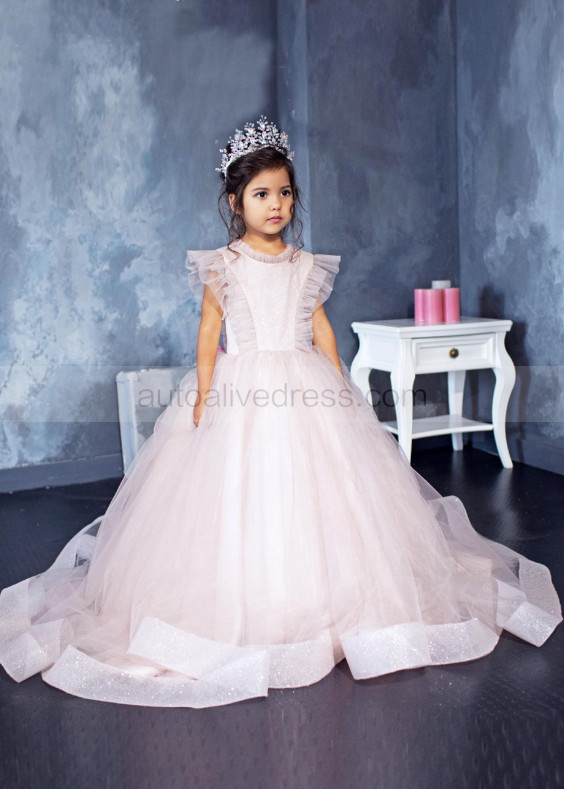 Flutter Sleeve Blush Pink Sparkly Flower Girl Dress